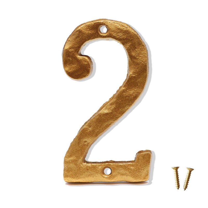 DOMG 5.5 Inch House Numbers, Heavy Duty Rustic Cast Iron Metal Home Address Number with Unique Hammered Appearance, Golden, Number 2 - Image 1